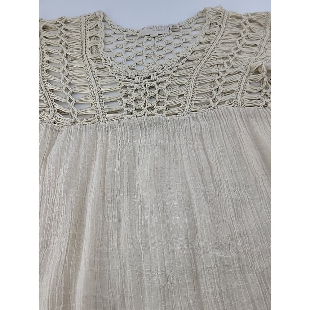 Mystic Prysm Boho Crochet Lace Bell Sleeve Beige Cream Peasant Top Sz M Gauzy - Picture 9 of 9